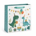 Borsa regalo 26 x 12 x 32 cm in carta bianca e turchese con manici in nastro - fantasia dinosauri per feste