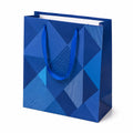 Borsa regalo 26 x 12 x 32 cm in carta blu con manici in nastro e motivo geometrico