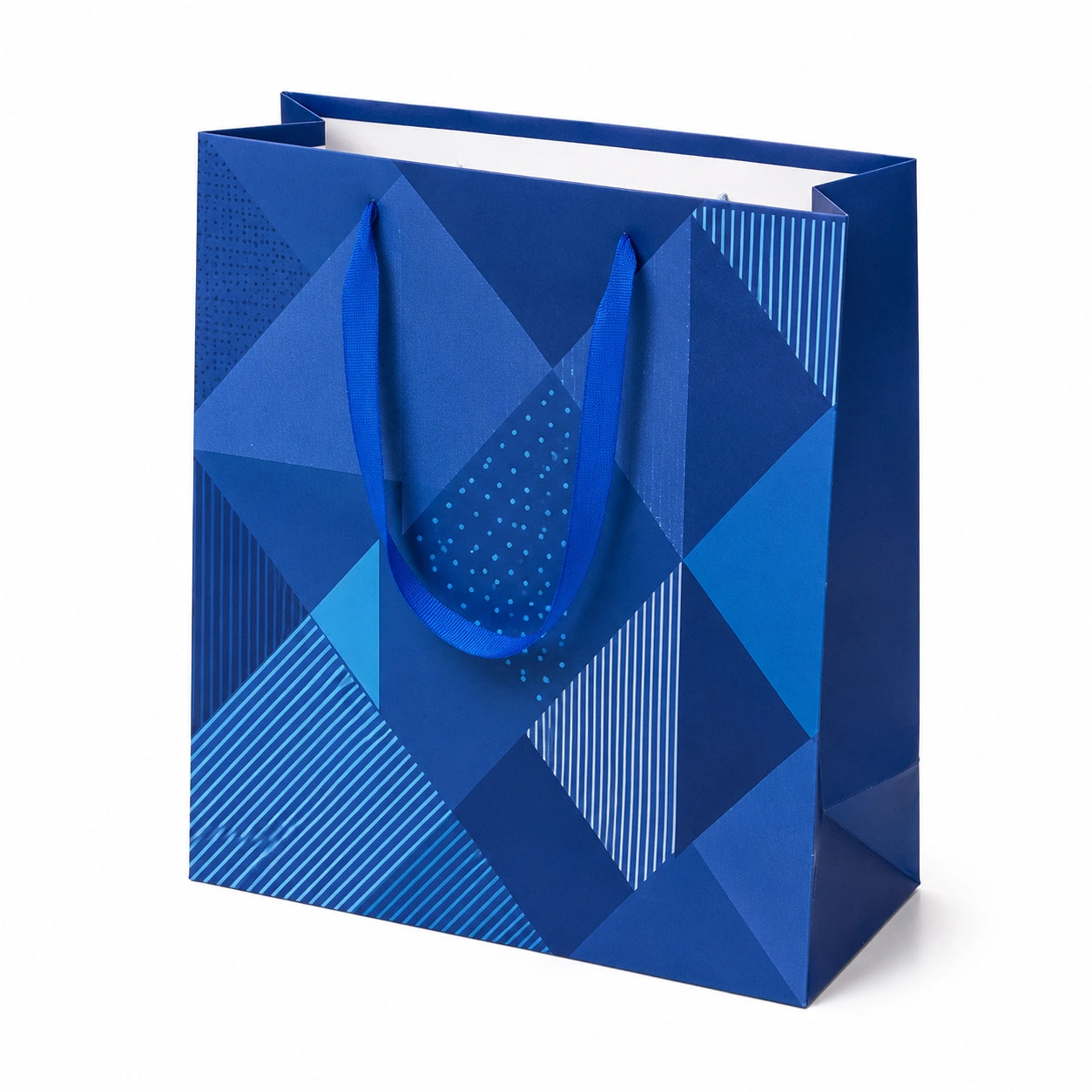 Borsa regalo 26 x 12 x 32 cm in carta blu con manici in nastro e motivo geometrico