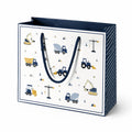 Borsa regalo 40 x 15 x 30 cm in carta bianca e blu con manici intrecciati stampa veicoli da cantiere