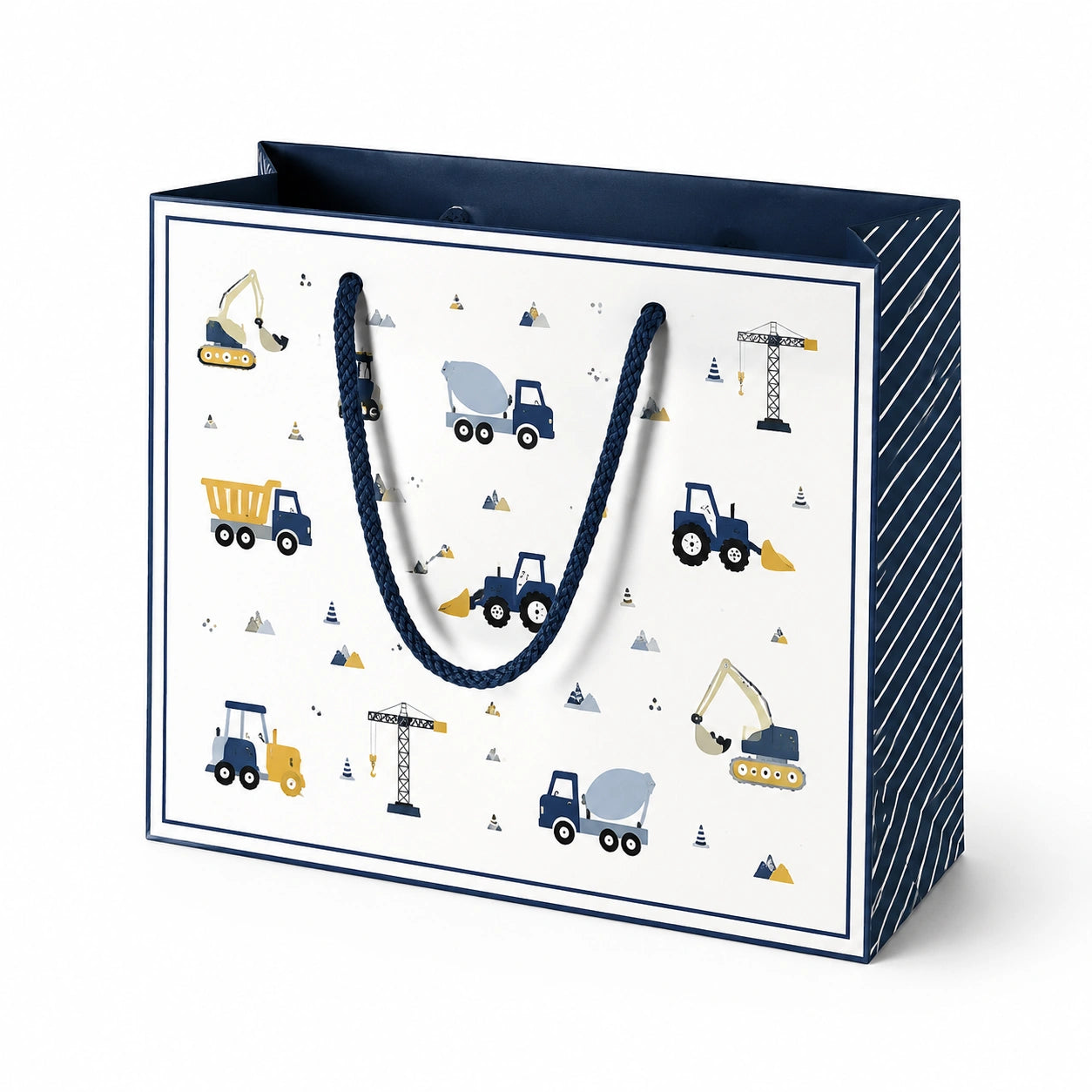 Borsa regalo 40 x 15 x 30 cm in carta bianca e blu con manici intrecciati stampa veicoli da cantiere