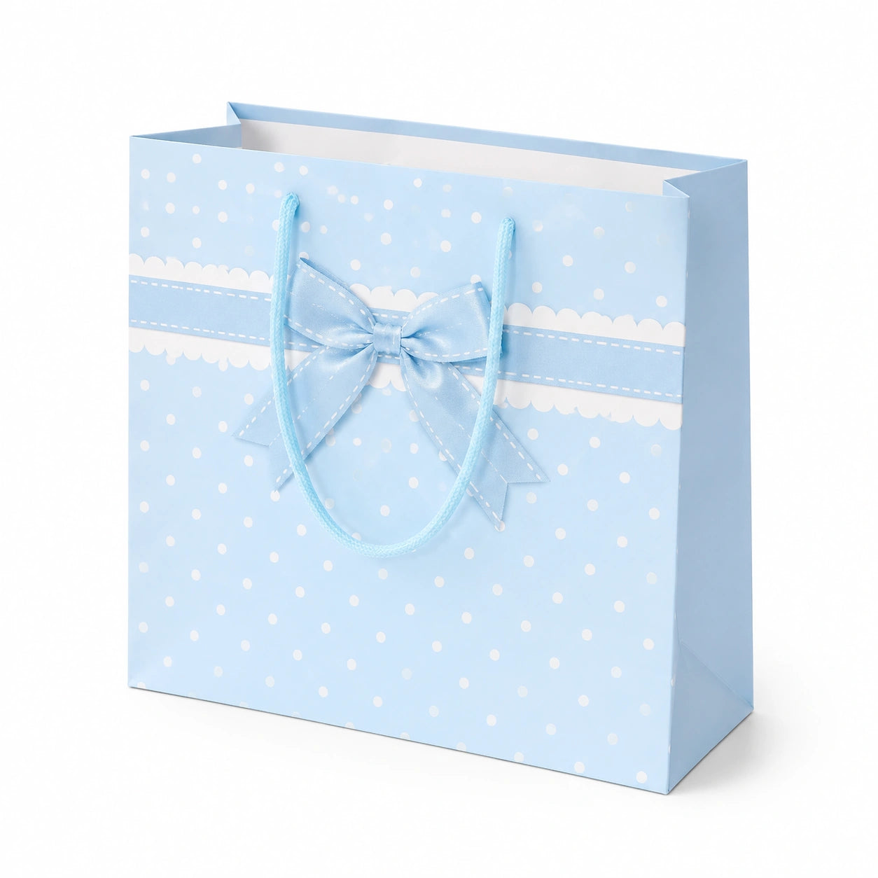 Sacchetto regalo 26 x 12 x 32 cm in carta azzurro con pois e manici in corda stile decorativo