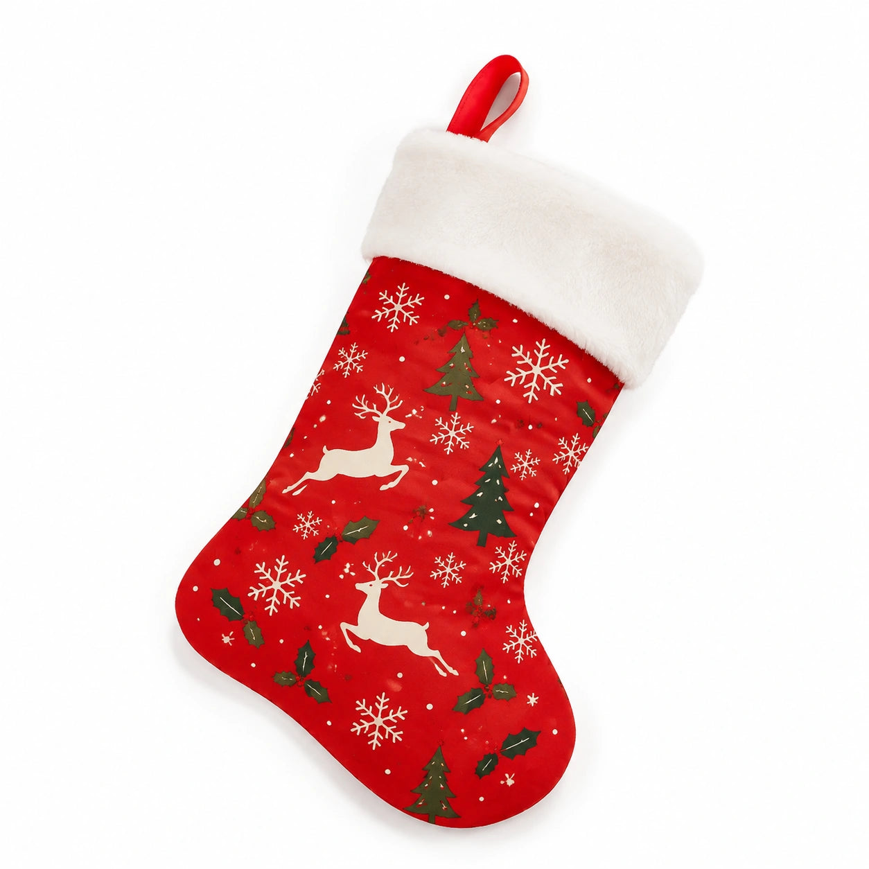 Calza decorativa 45 cm in tessuto rosso e bianco con motivo invernale e passante