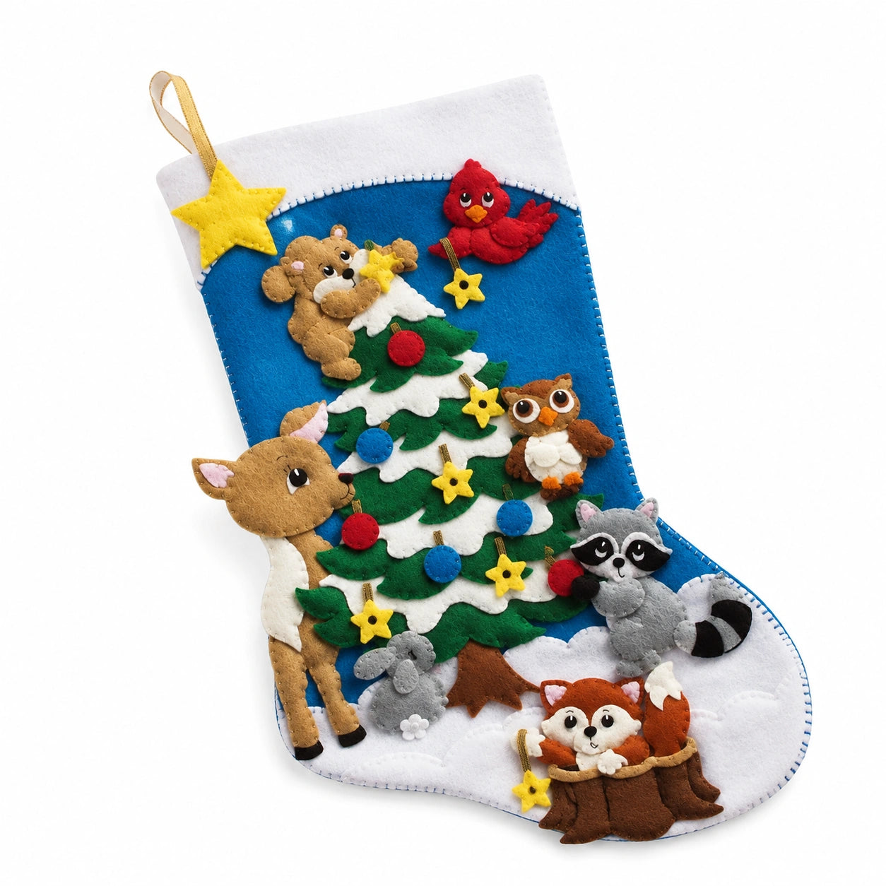 Calza natalizia 45 x 28 cm in feltro blu con animali e albero decorativo da appendere