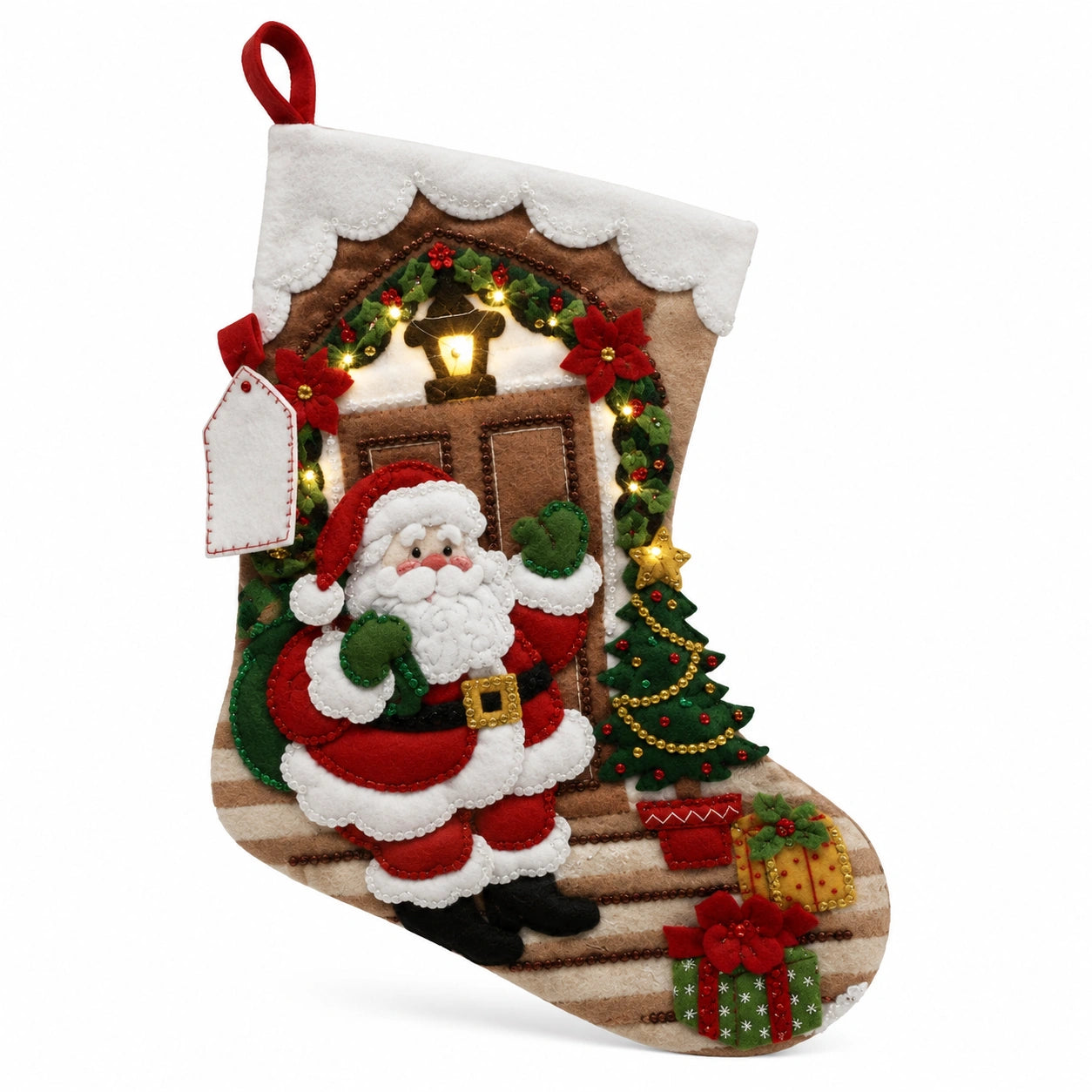 Calza natalizia decorativa taglia unica in feltro rosso verde beige con luci e Babbo Natale