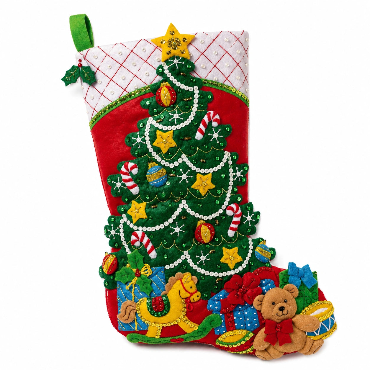 Calza natalizia decorativa 45 cm in feltro multicolore con albero e passante da appendere