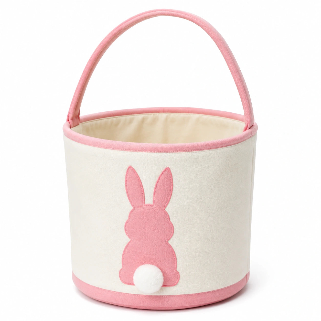 Cestino portaoggetti rotondo 30 x 25 cm in tessuto rosa e bianco con manico e motivo coniglio