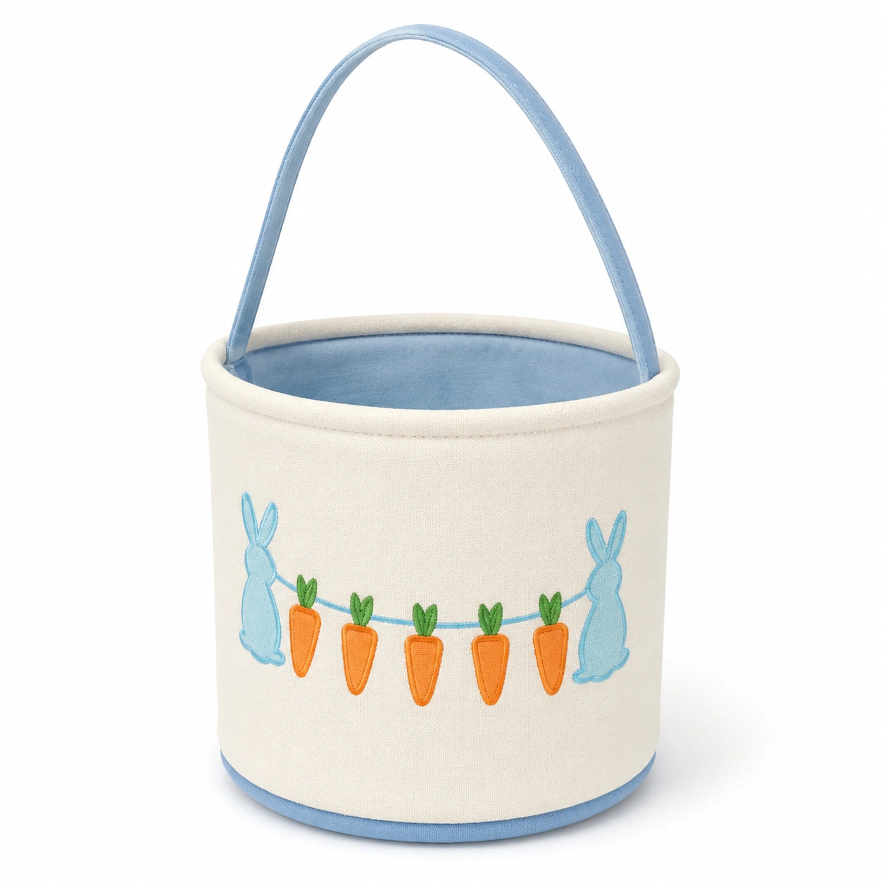 Cestino portaoggetti rotondo 25 x 25 cm in tessuto bianco e azzurro con manico decorativo