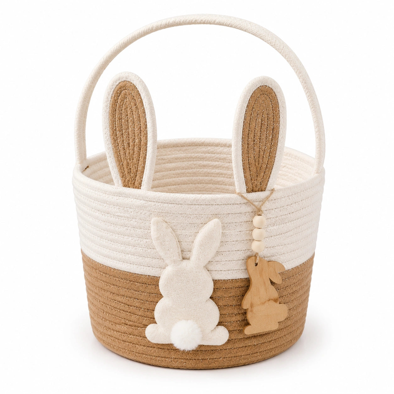 Cestino rotondo 28 cm in corda beige e naturale con manico e motivo coniglio
