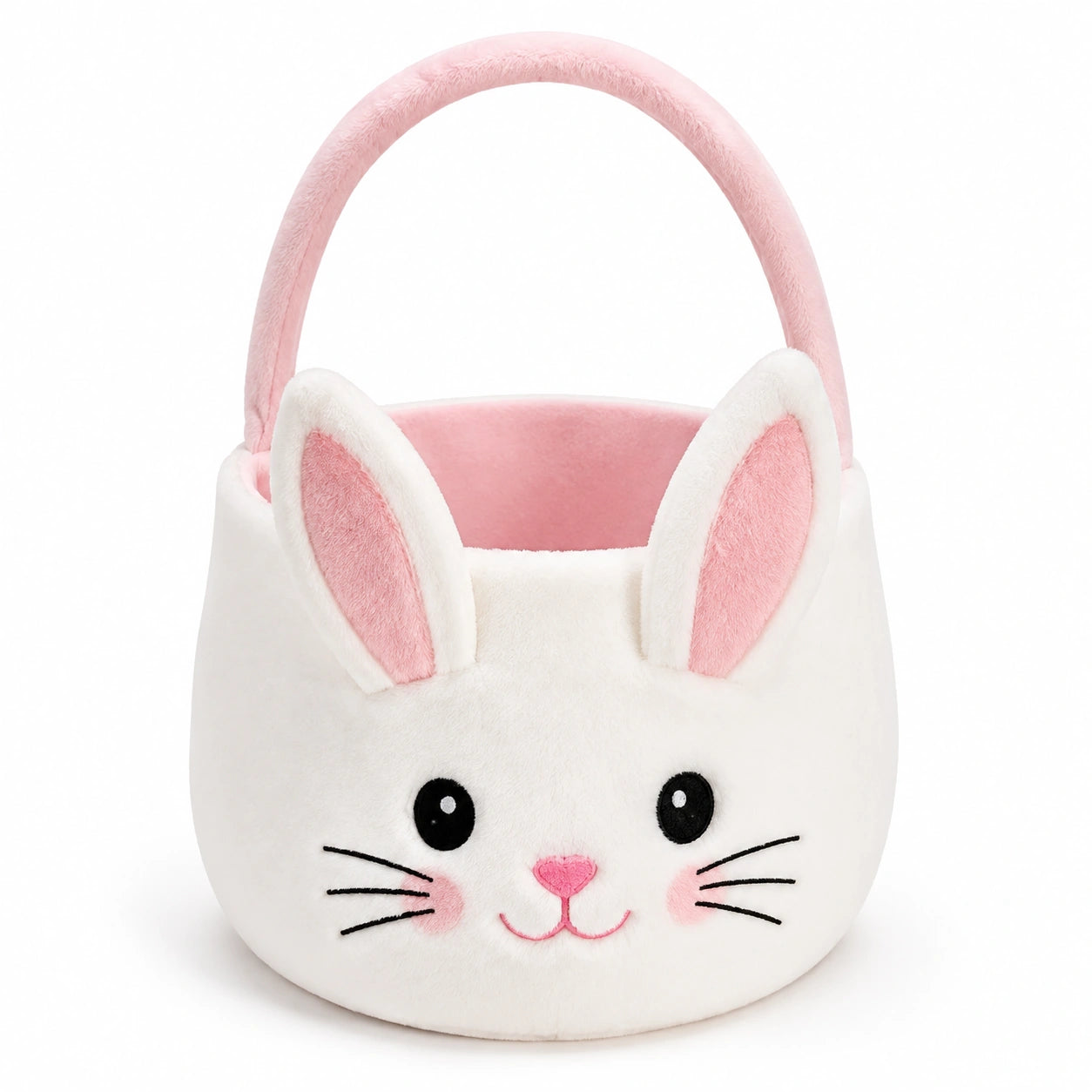 Cestino pasquale 20 x 16 x 24 cm in peluche bianco e rosa con manico - coniglio