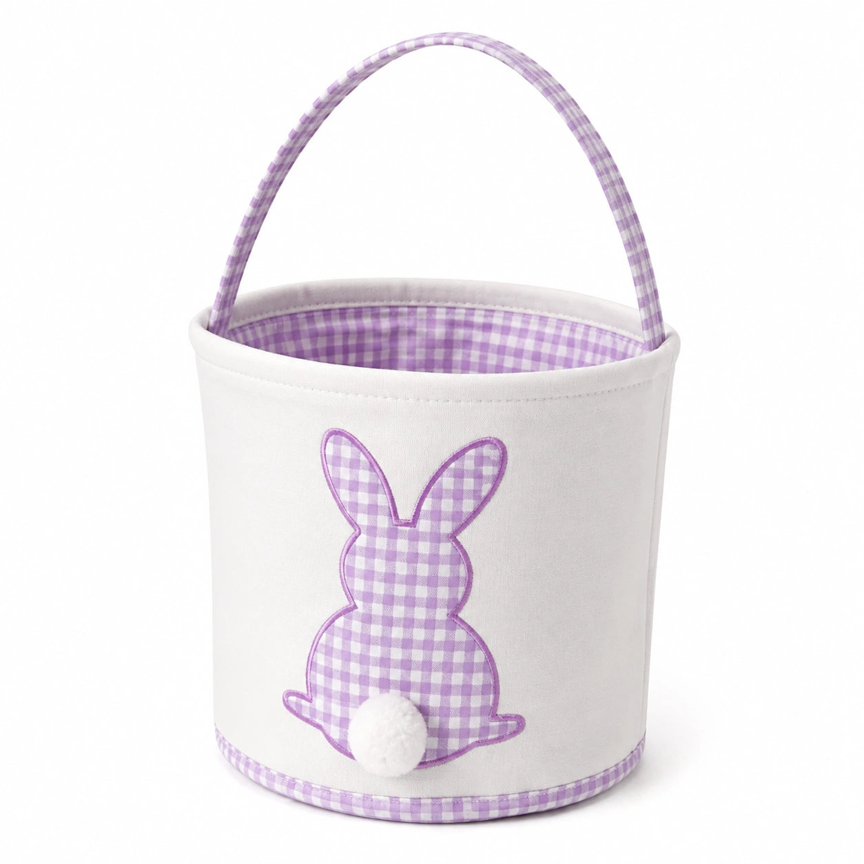 Cestino pasquale 20 x 18 cm in tessuto bianco e lilla con manico decorativo