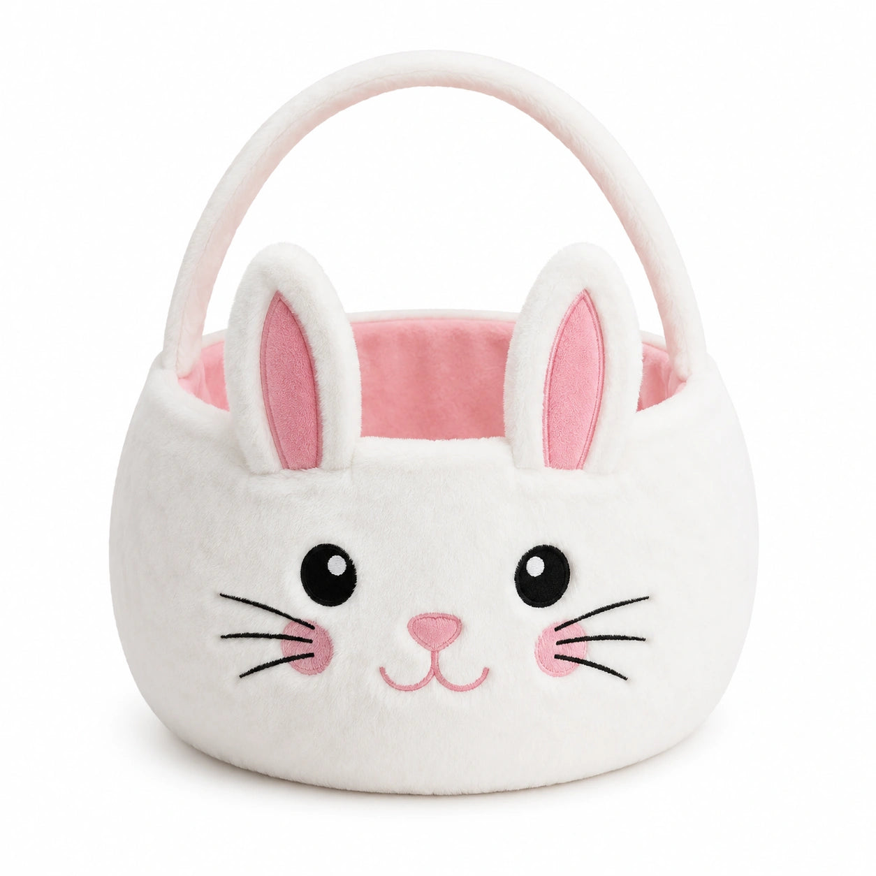 Cestino pasquale ovale 28 x 22 x 25 cm in peluche bianco e rosa con manico e coniglio