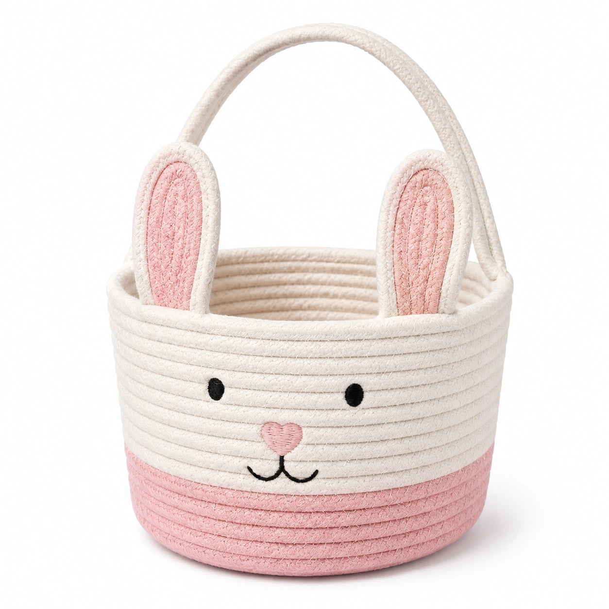 Cestino contenitore rotondo 20 x 18 cm in cotone bianco e rosa con manico stile coniglio
