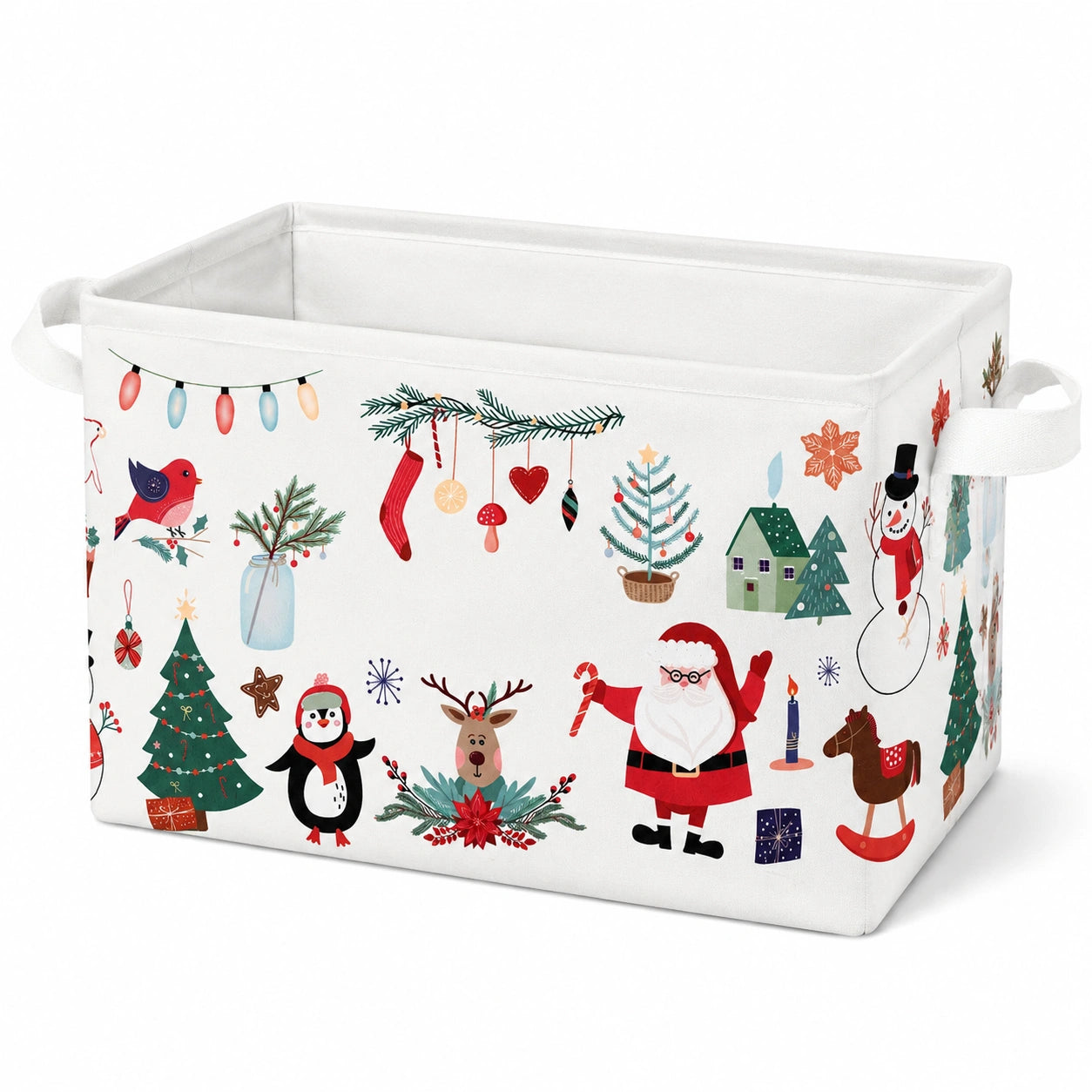 Cesto contenitore 40 x 30 x 25 cm in tessuto bianco con motivo invernale - pieghevole con manici