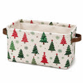 Cestino contenitore 38 x 26 x 25 cm in tessuto beige con manici marroni - stampa alberi stilizzati pieghevole
