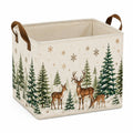 Cesto portaoggetti 38 cm in tessuto beige con manici e stampa cervi in stile invernale