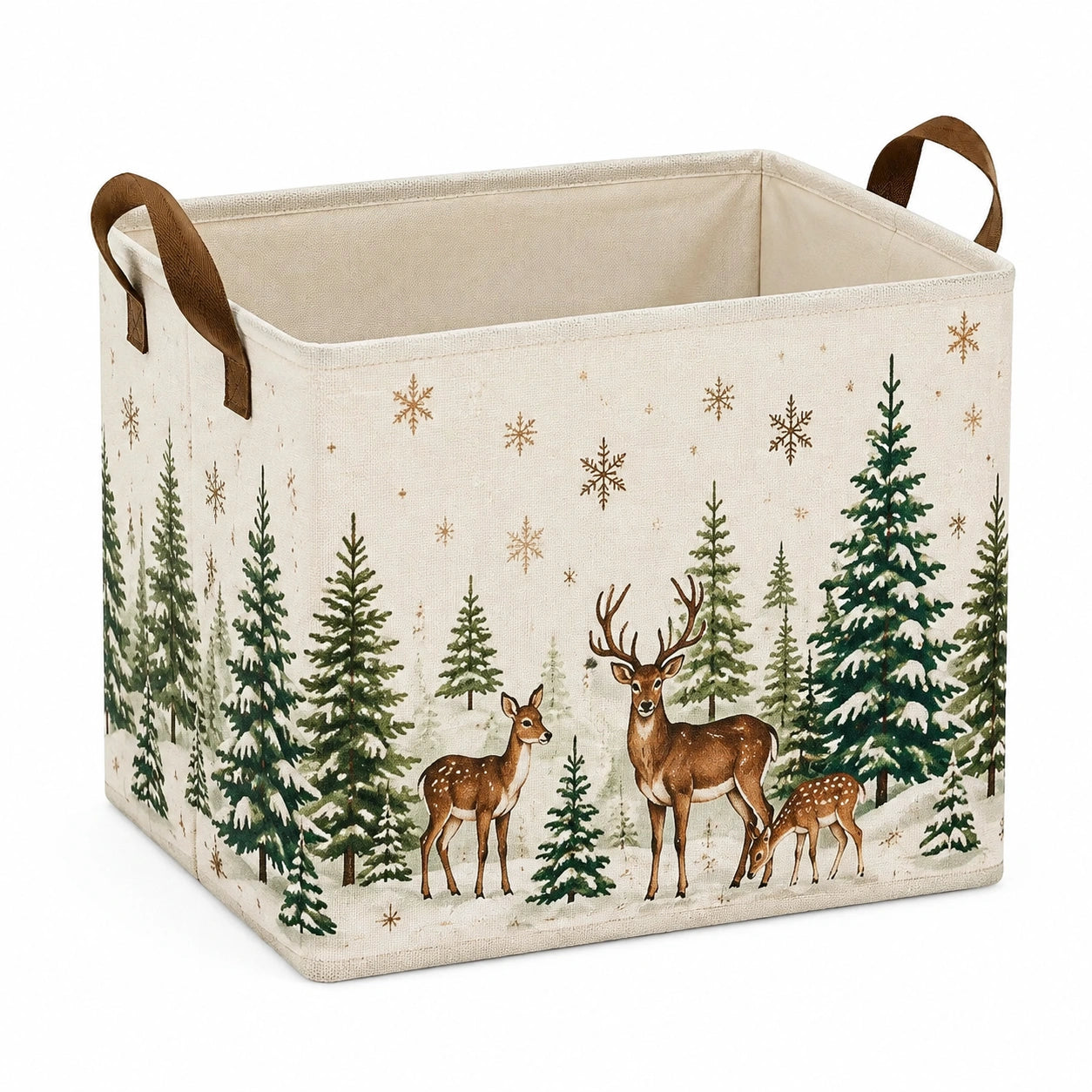 Cesto portaoggetti 38 cm in tessuto beige con manici e stampa cervi in stile invernale
