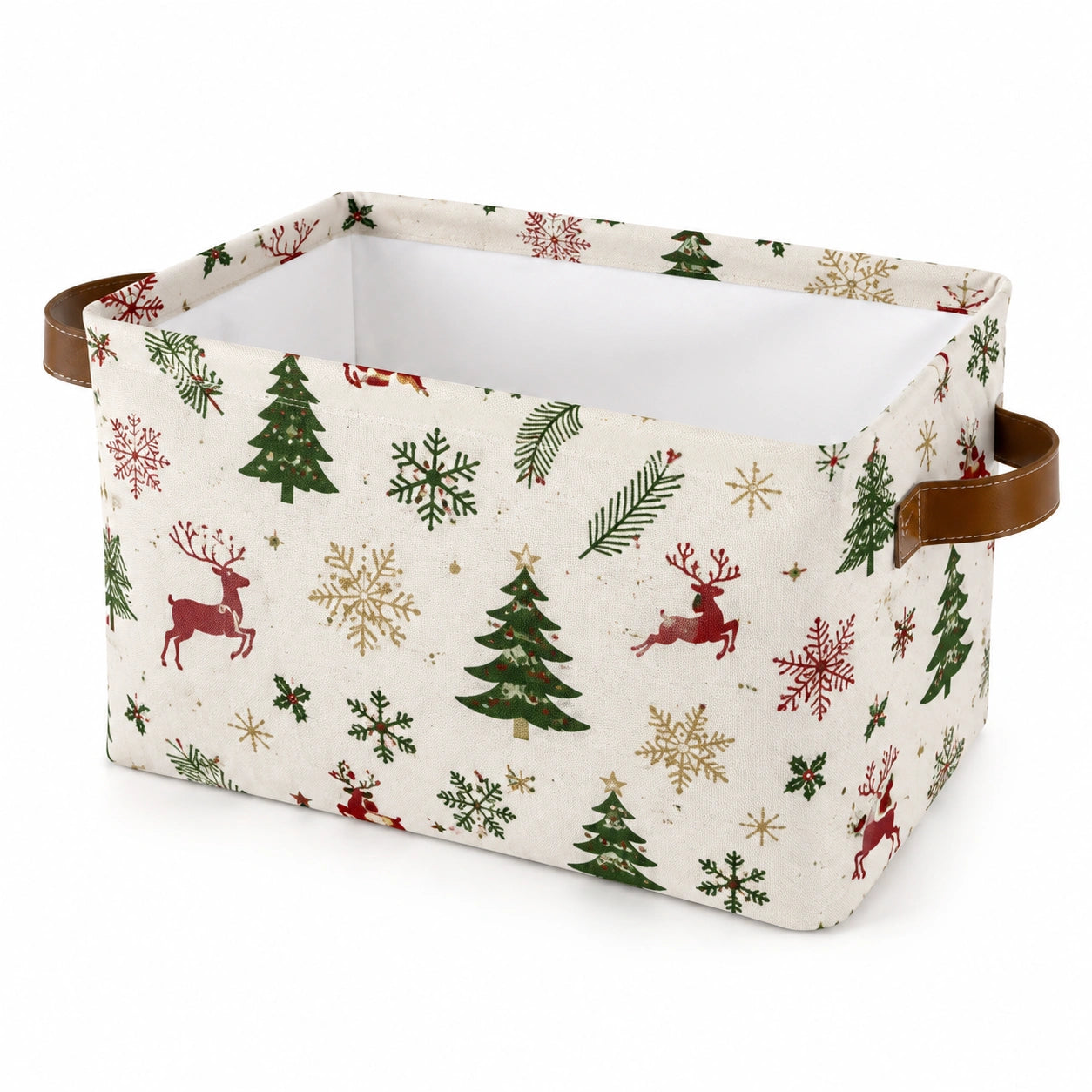 Cesto portatutto 38 x 28 x 25 cm in tessuto beige con manici marroni e stampa invernale