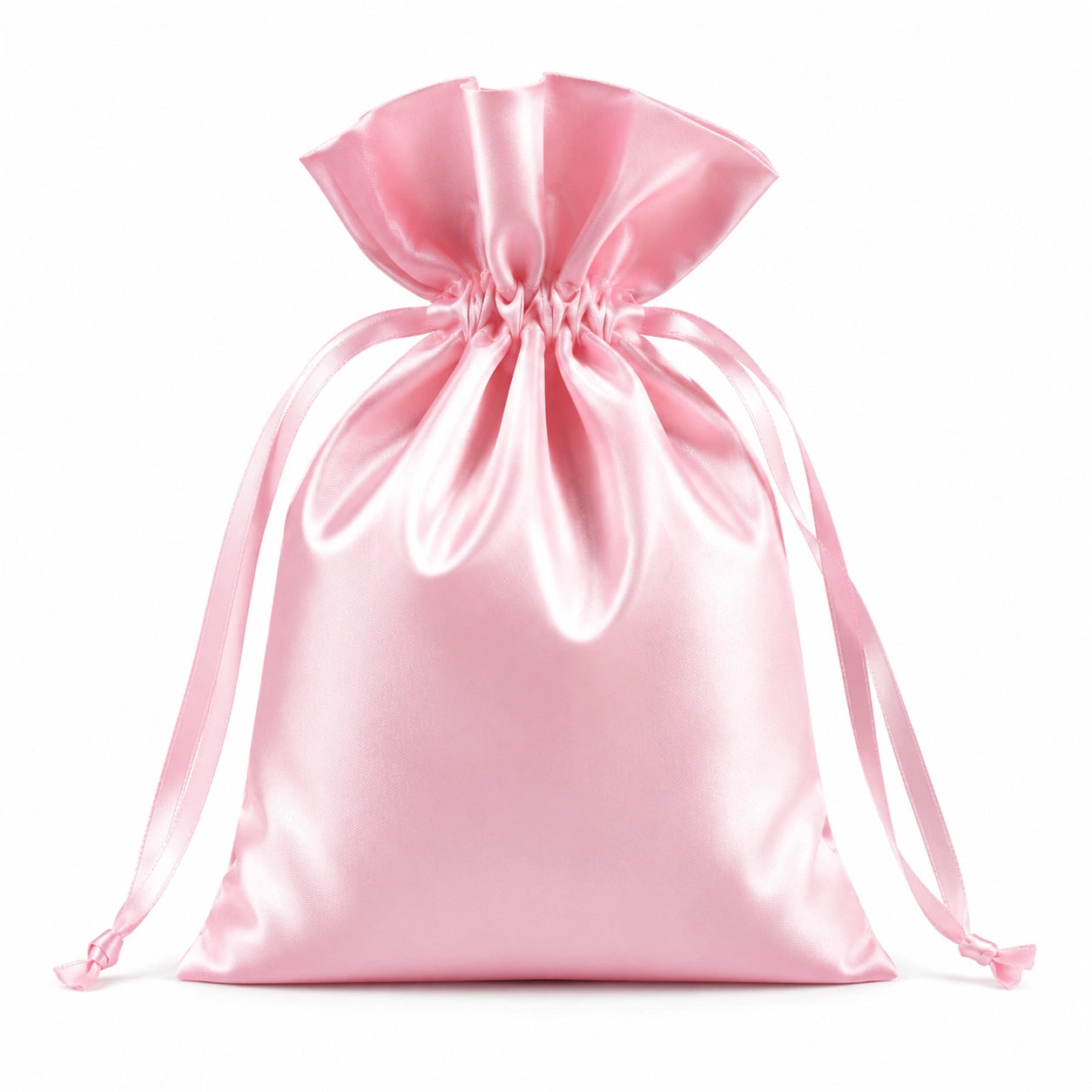 Sacchetto regalo 20 x 15 cm in tessuto satinato rosa con chiusura a coulisse