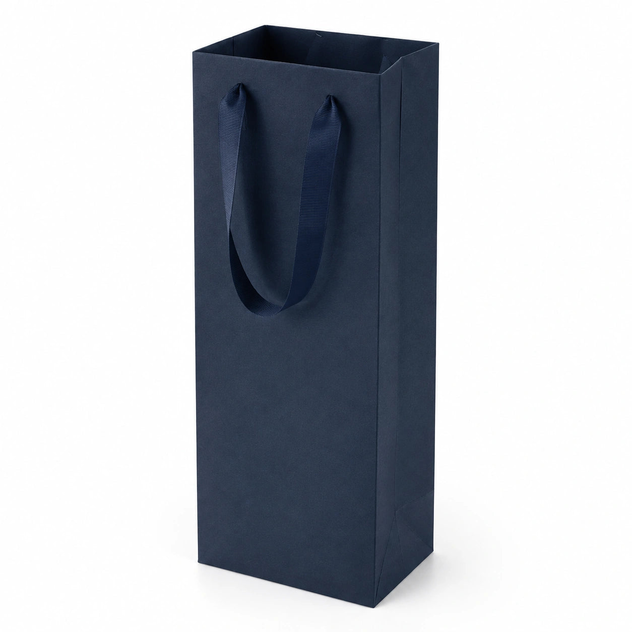 Sacchetto regalo per bottiglia 12 x 9 x 35 cm in carta blu navy con manici in nastro stile minimalista