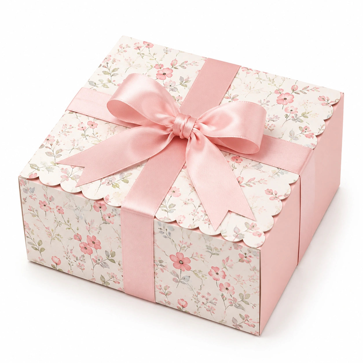Scatola regalo 25 x 20 x 12 cm in cartoncino rosa floreale con nastro in raso e chiusura a fiocco