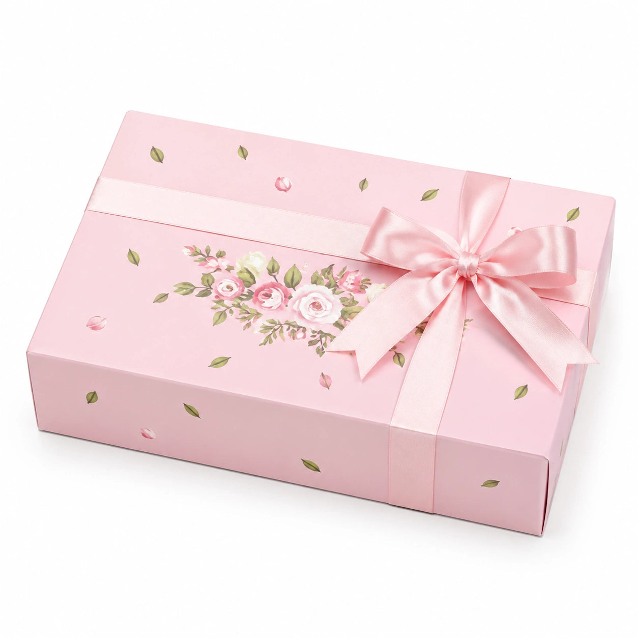 Scatola regalo 30 x 20 x 8 cm in cartone rosa con motivo floreale e nastro decorativo