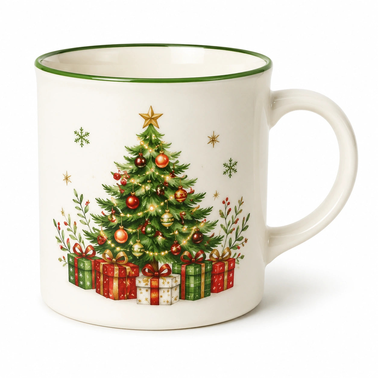 Tazza natalizia 350 ml in ceramica bianca con manico e decorazione albero