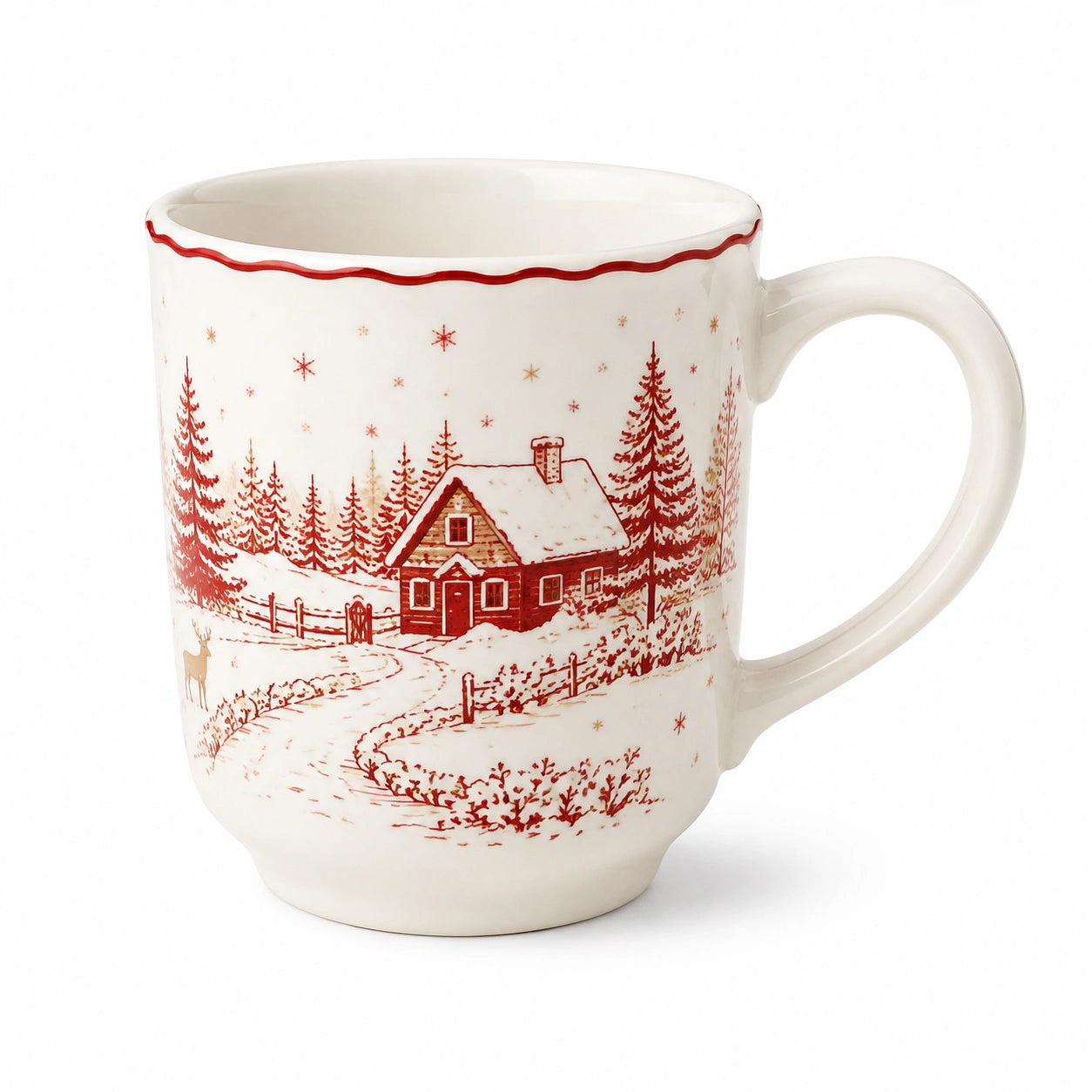 Tazza in ceramica 0.35 L bianca e rossa con manico - paesaggio invernale